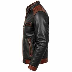 Chaqueta de Motociclista de Cuero Genuino Negro para Hombre, Cuello Alto, Cierre de Cremallera, Estilo Biker, con Bloques de Color - Product Image 4