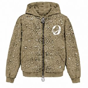 Sweat à capuche zippé kaki orné de perles, veste streetwear tendance à manches longues avec poches avant - Product Image 1