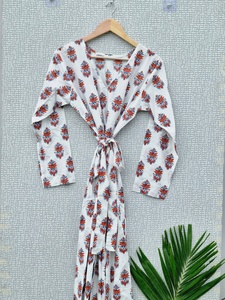 Bata Kimono Rosa con Estampado Floral de Algodón, Cuello en V, Cierre con Cordón, Transpirable, para Mujer, Estilo Boho, para Playa, Spa, Resort, Venta al por Mayor - Product Image 3