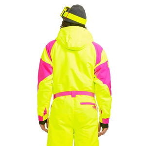 Combinaison de ski rétro unisexe personnalisée, néon, une pièce, isolée, à capuche, pour snowboard, avec blocs de couleur et ceinture - Product Image 2