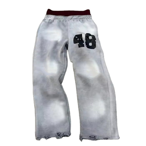 Top Selling Lightweight Casual Baggy Fit Sweatpants Distressed Acid Wash Joggers Wide Leg Men's Pants Double Waist Flare 2026 - Product Image 2