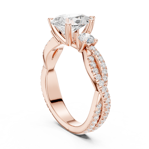 Bague de fiançailles en or rose avec diamants de laboratoire taille trilène et ronds, pavé torsadé, trois pierres, pour femme - Product Image 3