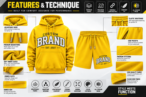 Conjunto de Sudadera con Capucha y Pantalones Cortos para Hombre de Alta Calidad, Marca Personalizada, Amarillo, Ropa Casual, Diseño con Letras Impresas, Atuendo Otoñal, 320GSM - Product Image 5