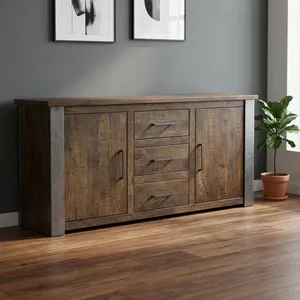 Industrial Solid Wood Sideboard 3 <b>Drawer</b> 2 Door Buffet <b>Cabinet</b> Rustic Iron <b>Metal</b> Frame Living Room Storage Credenza - Product Image 6