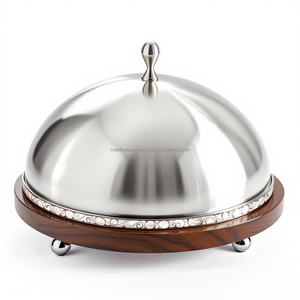Elegant round <b>Serving</b> Round <b>Dishes</b> Handcrafted Wood & Metal Cheese Cloche <b>with</b> Stainless Steel <b>Lid</b> for Dining and Cooking - Product Image 2