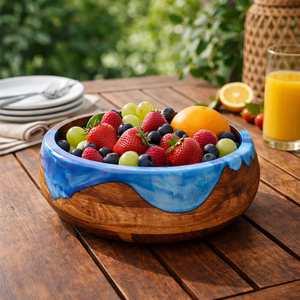 Tazón para Ensalada Redondo Decorativo Hecho a Mano de Madera de Acacia con Resina Epoxi Azul y Marrón Natural, para Servir en Fiestas, Festivales y Decoración del Hogar - Product Image 6