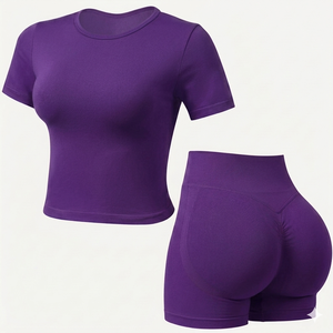 primium quality Custom Womens Seamless purple yoga <b>Set</b> <b>Short</b> Sleeve Fitness <b>Top</b> High Waist Scrunch <b>Shorts</b> Gym fit Sportswear - Product Image 1