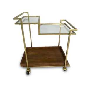 Geometric Gold Stainless Steel Bar Cart with Glass and Wood Shelves 4-Wheel Modern <b>Serving</b> <b>Trolley</b> for Home Kitchen Dining Room - Product Image 1