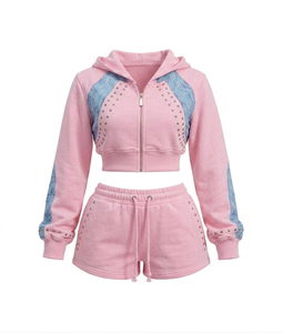 Women's Yellow 2-Piece Hooded Full Sleeve <b>Crop</b> <b>Top</b> <b>Shorts</b> Set Rivet Details Knitted Spandex/Polyester Sweatwear Spring Custom - Product Image 4