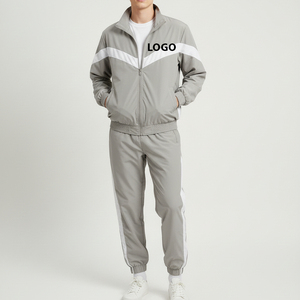 Men's Gray Tracksuit Set Full Zipper Sporty Joggers With White Stripe Side Pockets Autumn Wear Regular Fit Polyester Cotton - Product Image 6