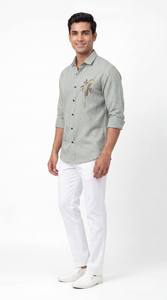 Chemise en lin pour homme avec broderie raffinée, manches longues, col ouvert, coupe classique, boutonnée devant, style décontracté chic, mode resort - Product Image 6