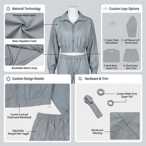 Ensemble 2 pièces sportif gris uni pour femme, style urbain, avec short et haut à manches longues à capuche zippé, coupe régulière, en molleton 100% coton, séchage rapide - Product Image 5