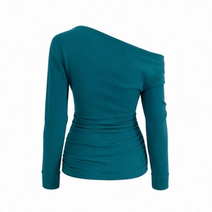 One Shoulder Ruched Long Sleeve Tee Teal Slouchy Top Asymmetrical <b>Neckline</b> Casual Slim Fit Street wear Women Fashion Apparel - Product Image 2