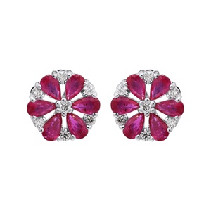Boucles d'oreilles florales en or blanc 14 carats avec rubis naturel en forme de poire |   Bijoux fins vintage en forme de grappe de diamants, cadeau pour femmes - Product Image 1
