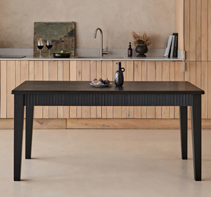 Ensemble de table à manger rectangulaire en teck massif moderne Per Se avec pieds noirs droits et chaises rembourrées en tissu contemporaines - Product Image 2