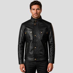 Veste de moto en cuir véritable noir pour homme avec col à boucle, boutons-pression, poches sur la poitrine et poches latérales zippées - Product Image 3