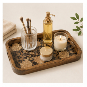 Plateau de service artisanal en bois de manguier avec motif floral doré, plateau décoratif en bois pour le thé, le café et les collations, pour la maison et l'hôtel - Product Image 5