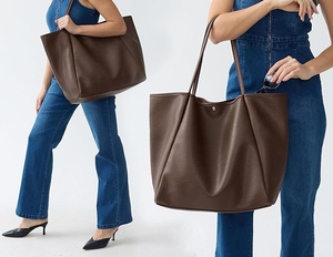 Sac fourre-tout en cuir véritable pour femme, couleur unie, fermeture ouverte, style minimaliste, usage quotidien, toutes saisons - Product Image 2
