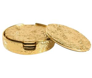 Brass Textured Finish 4-Piece Coasters Set Holder | Luxury <b>Drink</b> Coasters | Eco-Friendly Anti-Slip Decorative Table Coaster Set - Product Image 1