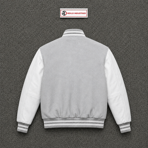 แจ็คเก็ตวาร์ซิตี้ขนสัตว์สีเงินพรีเมียม แขนหนังสีขาว แจ็คเก็ตเบสบอลแบบ Letterman สั่งทำได้ สำหรับผู้ชายและผู้หญิง ขายส่ง - Product Image 6