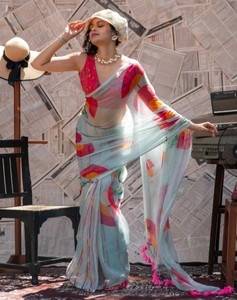 Sari en coton et lin imprimé pour femme KV avec chemisier non cousu (bleu clair) - Product Image 1