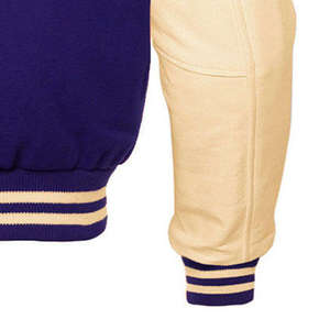 Men's <b>Purple</b> <b>Varsity</b> <b>Jacket</b> With Beige Leather Sleeves Turn-down Collar Button Closure Preppy Style Autumn Wear - Product Image 5
