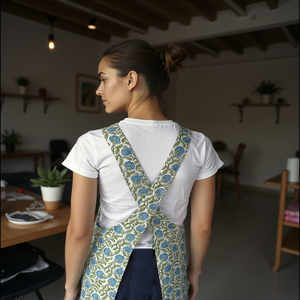 Delantal de algodón azul y verde floral elegante unisex con diseño funcional de tacto suave y aspecto elegante para el trabajo de cocina - Product Image 3