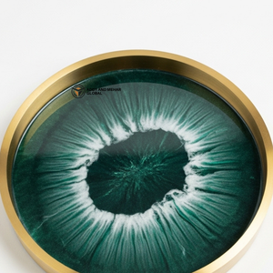 Luxury Emerald Green Resin Serving Tray with Gold Rim | Handmade Round <b>Epoxy</b> Tray | Modern Decorative <b>Coffee</b> <b>Table</b> Tray - Product Image 5