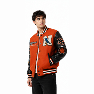 Chaqueta Varsity Letterman de Invierno al por Mayor, Cuerpo de Lana, Bordado Personalizado, Estilo Béisbol, Cuello Alto, Mangas Delanteras de Cuero - Product Image 1