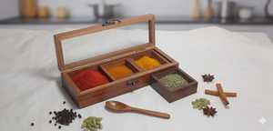 Handcrafted Sheesham Wood <b>Spice</b> <b>Box</b> Rustic Kitchen Organizer with Glass Lid - Product Image 4