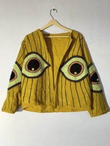 Veste brodée à la main motif œil turc moutarde – Manteau Suzani bohème à devant ouvert – Vêtement d'extérieur artistique et affirmé - Product Image 1