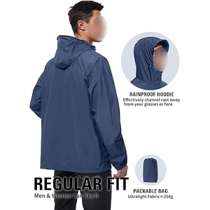 <b>Men's</b> Hooded Waterproof Windbreaker Jacket Solid Color Casual Polyester Lightweight Spring Outdoor Wear with Drawstring Pocket - Product Image 3