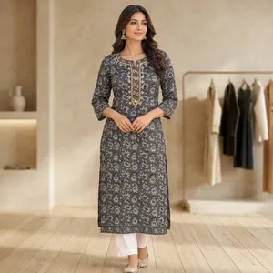Mezcla Perfecta de Elegancia Tradicional y Comodidad Moderna, Vestido Midi de Algodón Tejido Bordado Gris para Mujer, Cintura Holgada, Estampado Floral, para Uso Diario - Product Image 6