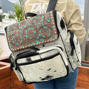 Bolsa de pañales de cuero con pelo de marca personalizada, mochila de piel de vaca con flores turquesa occidental, mochila grande de viaje para ordenador portátil - Product Image 2