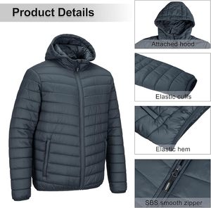Veste matelassée à capuche pour homme, gris foncé, coupe-vent, rembourrage en polyester, décontractée, fermeture éclair, coupe classique - Product Image 5