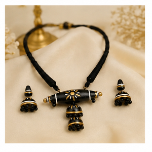 Black Gold Tone <b>Beaded</b> Necklace Set Resin Pendant Jewelry <b>Braided</b> Chain Matching Earrings for Women - Product Image 1