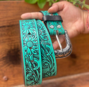 Nuevo hecho a mano con estilo turquesa cuero mecanizado a mano cinturones occidentales personalizado cuero genuino diseño Floral cinturones Unisex - Product Image 3