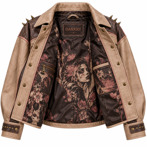 Chaqueta de cuero genuino beige para mujer, estilo motero, con estampado floral personalizado, botones a presión, bolsillos con solapa y detalles de púas, de fábrica. - Product Image 5