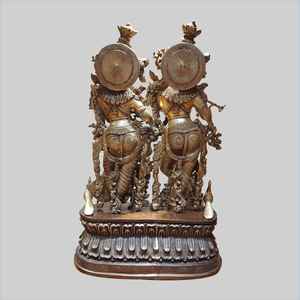 Statue artisanale en laiton de Radha Krishna avec vache et paon, idole traditionnelle du couple divin hindou pour la décoration intérieure et le Vastu - Product Image 4