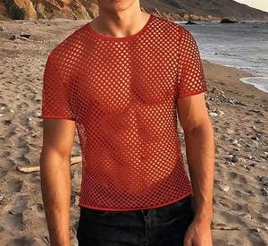 T-shirts en maille filet transparente, couleur rouge unie, à manches courtes et col rond, coupe ajustée, respirants, pour le sport, à vendre - Product Image 6