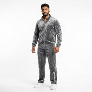 <b>Men's</b> Luxury Grey Acid Wash Crushed Velour Streetwear Tracksuit Set-Premium Vintage <b>Velvet</b> Drawstring <b>Jacket</b> Pants Custom Logo - Product Image 1