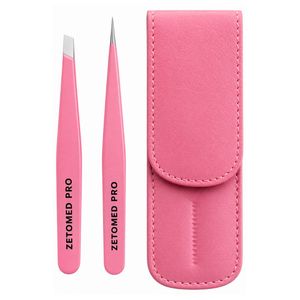 Ensemble professionnel de pinces à sourcils roses avec embouts inclinés et pointus, outil d'épilation en acier inoxydable avec étui en cuir PU - Product Image 1