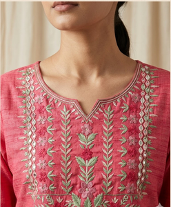 <b>Women</b> Pink Jute Cotton <b>Kurti</b> V Neck Embroidered Straight Tunic Three Quarter Sleeve Floral Detail Casual Ethnic Everyday Wear - Product Image 2