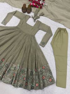 Modern Pastel <b>Green</b> Flared Anarkali Gown Suit for Women Floral Embroidery Border Work Full Sleeve Indian Party & Wedding Wear - Product Image 4
