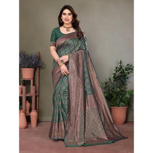 CRÉATEUR LITCHI SOIE JACQUARD TRAVAIL SAREE AVEC BLOUSE INCOUSÉE VERT - Product Image 1
