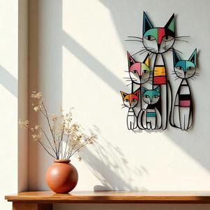 งานศิลปะติดผนังรูปครอบครัวแมวสี่ตัว ประติมากรรมโลหะสีสันสดใส แขวนผนังเหล็ก เหมาะสำหรับห้องเด็ก พื้นที่เล่น และตกแต่งบ้าน - Product Image 4
