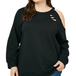 Sweat-shirt pull-over femme grande taille hiver, style vieilli, col zippé quart, épaules coupées, coupe ample, grammage moyen-lourd, doux, décontracté - Product Image 1