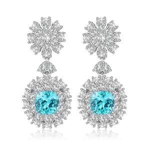 Luxury Flower Drop <b>Earrings</b> With Blue Zircon And <b>Diamond</b> Cluster 925 Silver Women's Wedding Jewelry - Product Image 3
