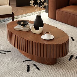 Tavolino da Caffè Ovale in Legno Artigianale con Robusto Piedistallo a Forma di Oliva per Soggiorno - Product Image 2
