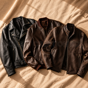 Blouson de motard pour homme en cuir véritable 100% OEM, col rabattu, fermeture éclair, couleur unie, coupe classique, style moto, Bangladesh - Product Image 1
